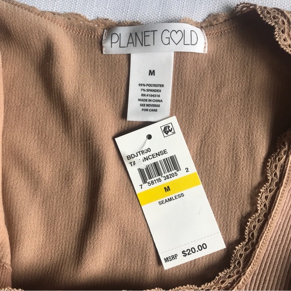 Planet Gold Ribbed Cropped Top Juniors Medium Tan Incense Square Neck Lace-Trim - Picture 7 of 10